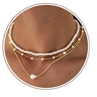 Morfetto 3 Pezzi Collana Oro Argento Donna Collane Girocollo Perle Placcato Oro 14K Punto Luce Collane - Girocollo Catenina Donna Sottile Strati Collana Choker Perle Perla D'oro