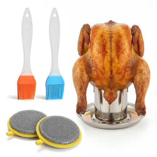 Kycklinggryta, kycklinghållare av rostfritt stål, fjäderfägryta, grill med 2 oljeborstar och 2 rengöringsdukar, fjäderfägryta med droppskål, grilltillbehör, kycklingställ för utomhus och ugn