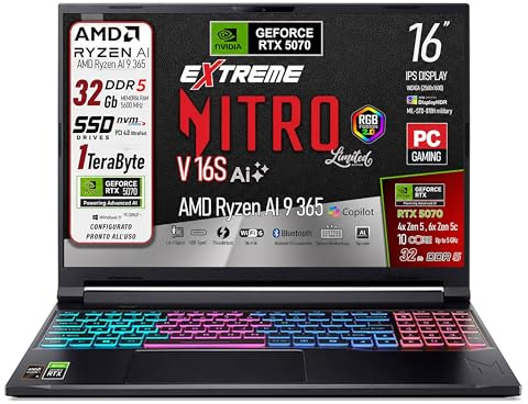 Acer Notebook Gaming Nitro V16S Ai, Ryzen 9 365, Ram 32Gb ddr5, SSD da 1Tb, Display 16 WQXGA 180Hz, NVIDIA GeForce RTX 5070 8Gb GDDR7, Windows 11 Home - PC COPILOT +, Ready to use