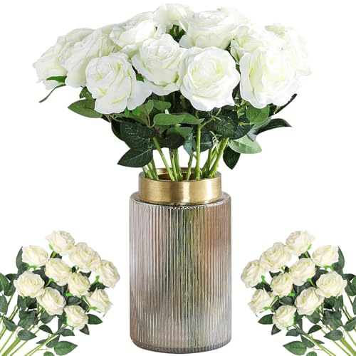 Fausse Fleur Artificielles Roses, 12 Pièces Longues Tiges Fausse Roses, 19.68in Faux Rose Bouquet, Fleurs Artificielles de rose, pour Bouquets de Mariée, Mariages, Décorations de Fête (Blanc Cassé)