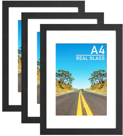 3 Pack A4 Picture Frames with Real Glass & A5 Mat - Multi-Use for Wall or Tabletop in Horizontal/Vertical - Black Photo Frames for Photos, Certificates, Artworks
