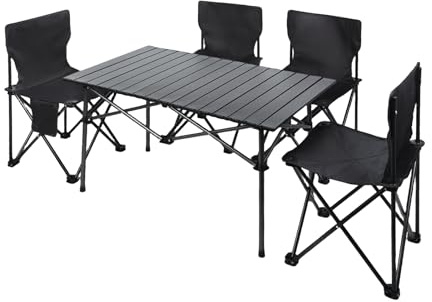 Juego de Mesa y Sillas Plegable para Camping, 4 Sillas + Mesa con Organizador y Bolsa de Transporte - Set Muebles Plegables Portátil para Exterior Jardín Playa Picnic BBQ Capacidad 100kg (negro)
