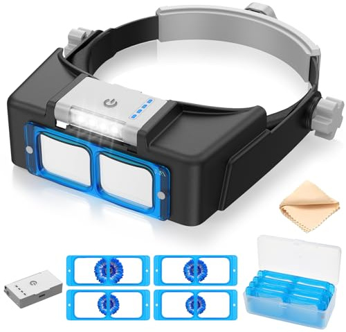 eSynic Gafas Lupa con Luz LED, Lupa de Gran Aumento con 4 Lentes Intercambiables 1.5X-3.5X, Ajuste 48-58cm, Batería 300mAh con Indicador, para Relojería,Manualidades y Joyería