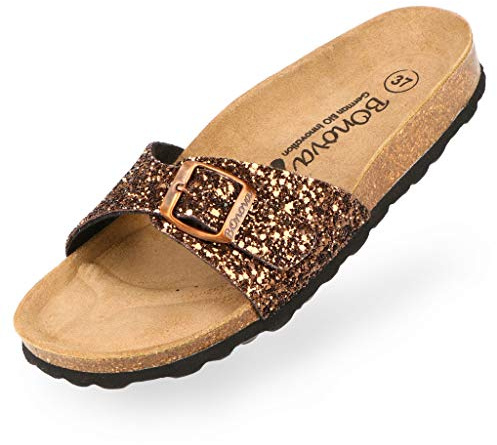 BOnova Damen Pantoletten Teneriffa in Glitter bronze 40, modischer Einriemer mit Korkfußbett - komfortable Sandalen zum Wohlfühlen - hergestellt in der EU