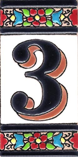 Toro del Oro – Hausnummer für Wohnhäuser – Hausnummer aus glasierter Keramik, Handbemalt in spanischer “Cuerda Seca“ Technik, Namen und Adressen, Blume Modell 5,5 x 10,5 cm (3)