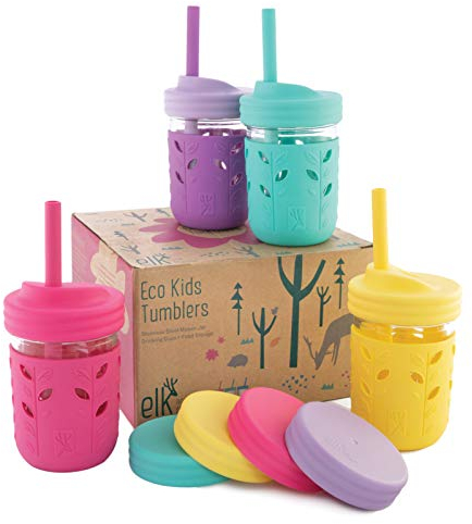 Elk and Friends Kids + Toddler Glass Cups | The Original 8oz Glass Mason Jar with Sleeves + Lids | Silicone Straws + Stopper | Smoothie Cup | Food Storage | Spill Resistant | Dishwasher Safe | 4 Pack