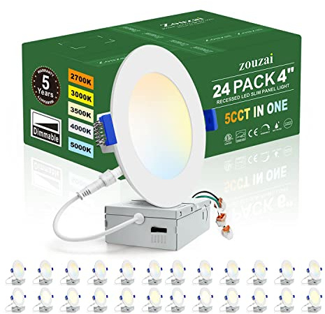 zouzai 24 Pack 4 Inch Ultra-Thin LED Recessed Ceiling Light with Junction Box 5CCT Adjustable Dimmable Can-Killer Downlight - ETL and Energy Star Certified (24 Pack 5CCT White, 4 Inch)