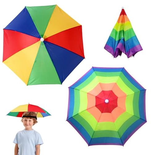 MEMOFYND Set mit lustigen, Sonnenschirm-Regenhüten, Regenbogenschirmhüten und elastischen Bändern für Kinder und Erwachsene, Strand, Angeln, Golf