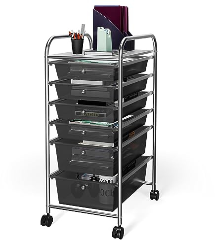 GIANTEX Carro de Almacenamiento con 6 Cajones, Cajonera con 4 Ruedas(2 con Frenos), Tablero y Marco de Metal, Cajones Plásticos, Carrito Auxiliar para Oficina, Dormitorio, Baño (Negro)