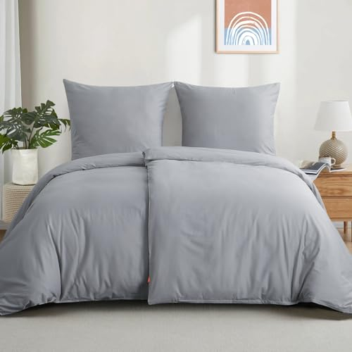 Aisbo Bettwäsche 135x200 Baumwolle 4teilig - Bettwäsche-Sets Grau Bettbezug 2er Set mit 2 Kissenbezüge 80x80 cm, Baumwollbettwäsche Set, Oeko-TEX Bettwäsche Hellgrau mit Reißverschluss