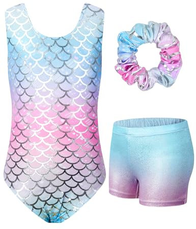JiAmy Turnanzug Mädchen, Kinder Glitzer Gymnastikanzug Gymnastik Turnanzug Leotard mit Strasssteine Set für 3-12 Jahre