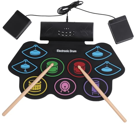 Tabletop Drum Set, Elektronische Drum Pad Set Kit Maschine, 9 Pads 2 Pedale BT MIDI Roll Up Tragbare Elektronische Drum Pad Drum Machine für Anfänger
