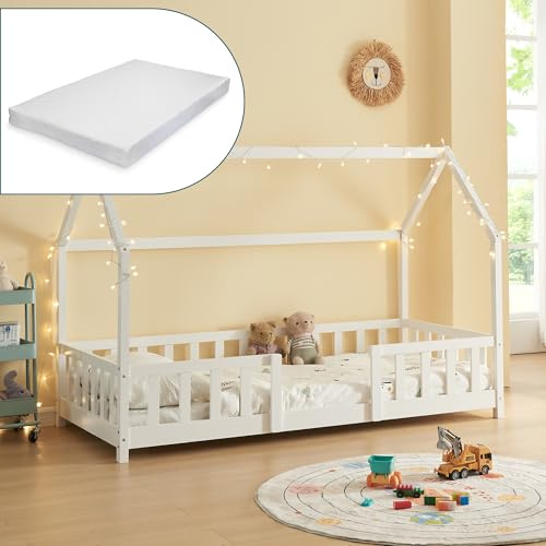 [en.casa] Lit Cabane Lit Simple en Forme de Maison avec Sommier à Lattes Barrière Protectrice Capacité 150 kg Matelas à Mousse Froid Bois de Pin Contreplaqué 90 x 200 cm Blanc