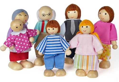 Aolso Wooden Family Dolls Playset of 7 People, Wooden Figures Set for Children Doll house Pretend Gift, Family Set for Dolls House Accessories Kids Toy
