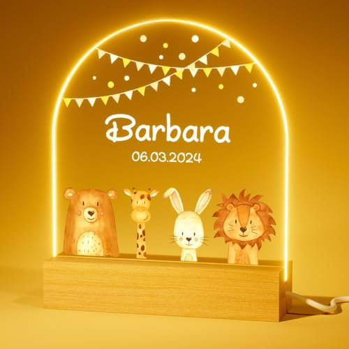 iDIY Personalisierte Geschenke Baby - Nachtlicht Personalisiert, Babygeschenke zur Geburt Mädchen, Geschenk zur Geburt Junge - Tier-Party