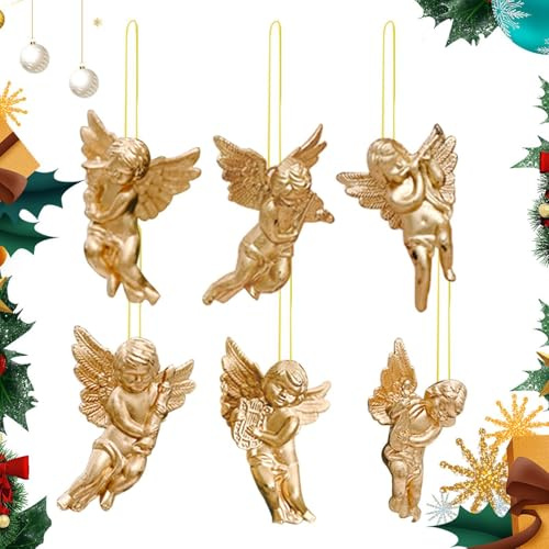 Generico Ornements de poupées Ange - Anges suspendus de Noël - 6 pièces d'anges à accrocher à l'arbre de Noël, décorations de fête de Noël, beau design d'ange, argent/or, Fare riferimento alla