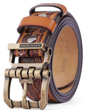 BISON DENIM Ceinture pour homme en cuir véritable Style classique Boucle robuste Ceinture décontractée pour jeans, Länge 120cm Fit für Taille 39-41
