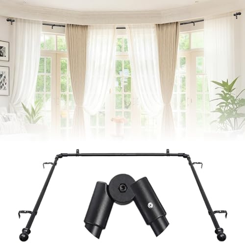 Barra de Cortina Ventana, 76-345cm Barra de Cortina en Forma de L Ajustable Juego de Accesorios de Acero Inoxidable, Barras de Cortina de 25mm Diámetro para Dormitorio, Sala de Estar/Negro Mate