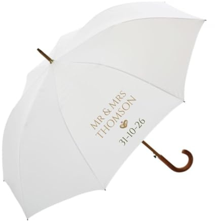 Personalised Wedding Umbrella in White with Traditional Wooden Curved Handle