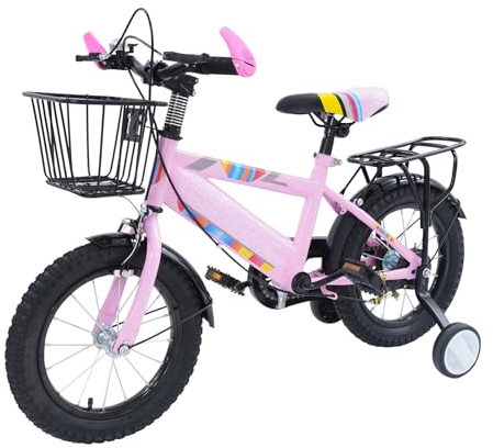 Zalydala Bicicleta infantil de 14 pulgadas con ruedas estabilizadoras, asiento ajustable (100-120 cm), protector de cadena de seguridad, para niños de 3 a 6 años (rosa/negro)