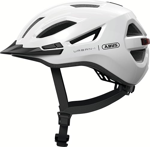 ABUS Casco da città Urban-I 4.0 - Casco da bicicletta con luce posteriore ricaricabile, 2 modalità di illuminazione, visiera e chiusura magnetica - per adolescenti, donne e uomini - taglia L, bianco
