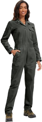 WORK IDEA Langärmeliger Damen-Overall – Arbeits-Jumpsuits, Twill-Aktions-Rücken und praktische Taschen mit Haken, Grün (Army Green), Small