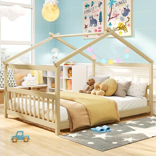 Giantex Full Size Floor Bed, Solid Wood Montessori House Bed with Roof, Headboard and Footboard, Low Full Bed Frame for Kids Teens Girls Boys, No Box Spring Needed, Natrual