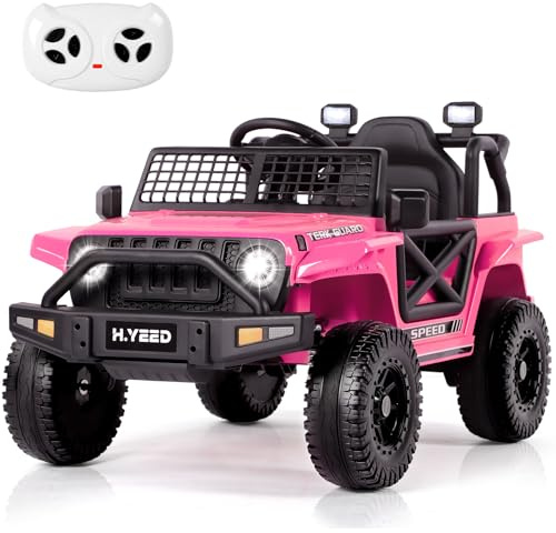 H.yeed 12V Kids Electric Ride on Car for 3-8, 2 Motors Off Road Truck with 2.4G Remote Control, LED Lights, Music, Horn & Wireless Connection, Battery Powered Ride on Toy for Boys Girls (Pink)
