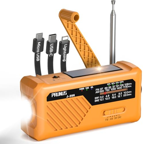PRUNUS J-366 Radio Portatile Emergenza FM/AM/SW, Radiolina Piccola a Manovella Dinamo, Cavi di Ricarica 3-in-1 Power Bank, 2000 mAh/Batteria AAA/Solare/USB-C con Allarme SOS e Torci (Giallo)