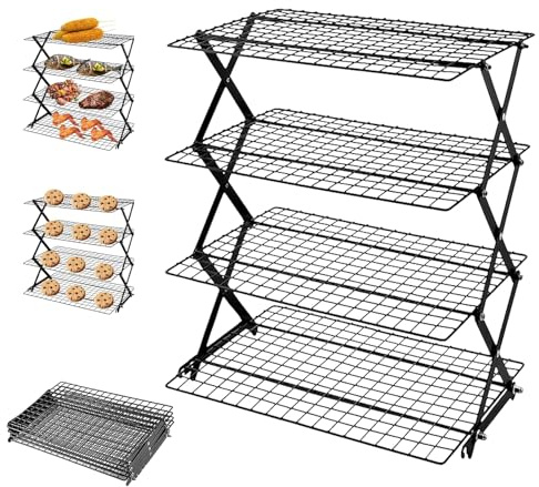 4 Tier Adjustable Collapsible Cooling Rack, Outdoor Camping Picnic Shelf, Wire Cooling Rack for Baking, Cookies, Cake, Roasting, Grilling, Drying Rack