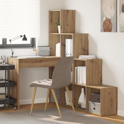 Basinlix hörnskrivbord artisan-ek trämaterial 149,5 x 101,5 x 149,5 cm med hylla, förvaringsutrymme för hemmakontor, arbetsrum, ungdomsrum, modern design och platsbesparande hörnform