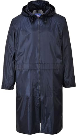 Portwest S438 Men's Waterproof Raincoat Lightweight Long Rain Jacket Hooded | Black, X Small, Straight Fit, Polyester PVC Coated, 100% Polyester, Mandarin Collar, Six Pockets, Zip Front
