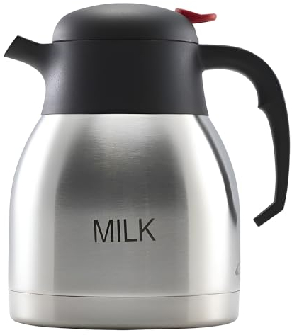 Genware V1299 Milk Milk Inscribed 1Ltr Vacuum Push Button Jug, Stainless Steel, Up to 8 Hours Heat Retention