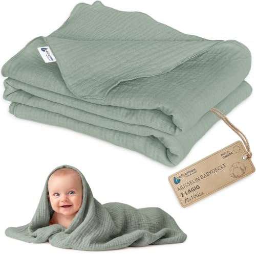 Medi Partners Mousseline Couverture Bebe 75x100cm Couvertures de Bébé Plaid Enfant Nouveau-né 100% Coton pour Cadeau Naissance Multifonctionnel Bilatéral pour Landaus(Olive)