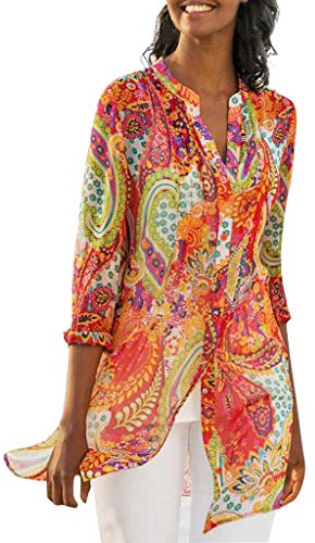 Lazzboy Women T-Shirt Tops Plus Size Chiffon Ethnic Floral Flower Print Beach Style Vintage Daily Ladies Loose Blouse(M(10),Orange)