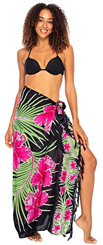 Back From Bali Womens Sarong Wrap Swimsuit Beach Cover Up Pareo Tropical Skirt Rayon (Hibiscus Black Pink)