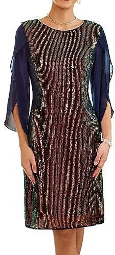 Vestido Suelto de Lentejuelas para Mujer Elegante de Manga Corta Camiseta Superior Cuello Redondo Fiesta de cóctel XL
