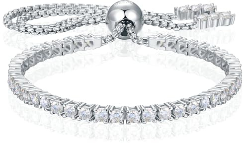 Moissanite Bracelet for Women 2MM 1.79Carats 18K White Gold Plated S925 Sterling Silver Adjustable Bracelets D Color VVS1 Round Moissanite Tennis Bracelet Non Tarnish Bracelets Trendy Mothers Day Gift