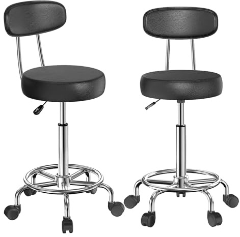 ARunThLana Set di 2 Sgabello da ufficio, sgabello girevole a 360°, con 5 Rotelle e Schienale, schienale altezza regolabile 73-89 cm, per salone di massaggio, ufficio, clinica,Nero