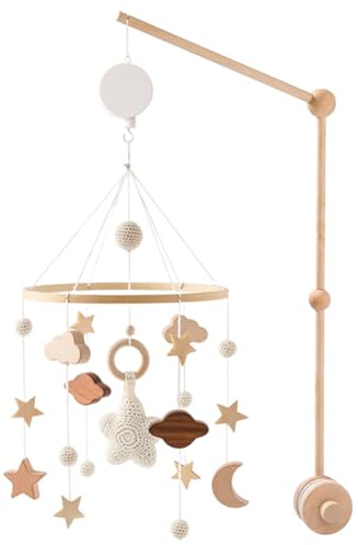 Mobile Bois, Lit Bébé avec Support Mobile et Boîte à Musique Cloche à Vent Étoile en Bois Suspension Musical Cadeau pour Bébé Fille Garçon