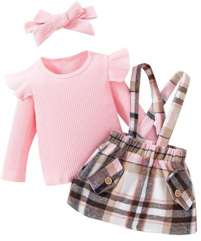 LUVCES Conjuntos Otoño Faldas para Niñas Pequeñas Manga Larga Top de Canalé con Volantes + Lazo/Cuadros Falda con Tirantes+ Diadema 3Pcs Elegante Ropa Trajes 3Pcs Rosa 12-18 Meses