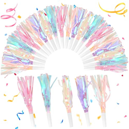 Weoxpr 30 Pieces Colorful Noisemakers Blowouts Horns, Glitter Metallic Fringed Whistles and Streamers,for Birthday Party Favors, Graduation,New Years Accessory, Sports,Mermaid Supplies (Pastel Colors)
