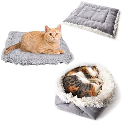Foonary Lit pour chat en peluche, coussin doux pour chat, lit 2-en-1 pour chat, lit pour animal de compagnie, tapis pour chat, panier confortable pour chat et petit chien, 60 cm x 50 cm, gris