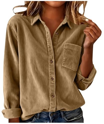 Generisch Blusas de pana para mujer, de manga larga, cuello y botones, para novio, tallas grandes, chaquetas con bolsillo