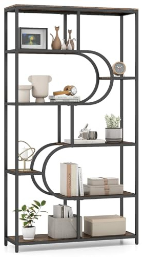 COSTWAY 8/10-Tier Bookshelf, Industrial Etagere Bookcase with Open Storage Shelves, Freestanding Metal Frame Tall Display Shelf Storage Organizer (Rustic Brown + Black, 95 x 30 x 176 cm, 8)