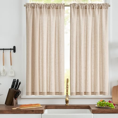 TOPICK Stripe Cafe Curtains for Kitchen 54 Inch Drop, W50xL54, Taupe, 2 PCS | Rod Pocket Linen Look Curtains, Light Filtering Privacy Drapes for Bathroom, Bedroom, Sink, Basement, Caravan, Cupboard