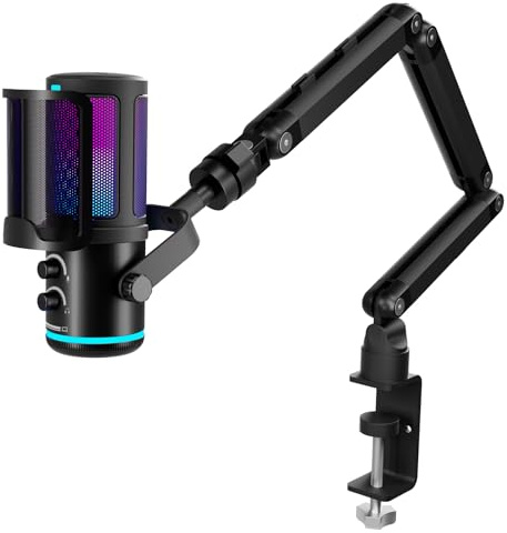 K KASONIC Kit Micrófono Gaming RGB con Brazo, 24bit/192kHz Audio