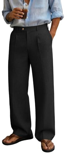 FEDTOSING Mens Linen Casual Trousers Old Money Wide Leg Baggy Pleated Slacks Elastic Waist Work Vacation Dress Pants