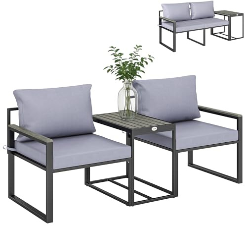 Outsunny Set da Bistrò da 3 Pezzi, Set da Giardino con 2 Sedie da Giardino in Texteline, Tavolo Effetto Legno, Cuscini Lavabili Spessi, Set di Mobili da Giardino in Acciaio, per Patio Balcone, Grigio