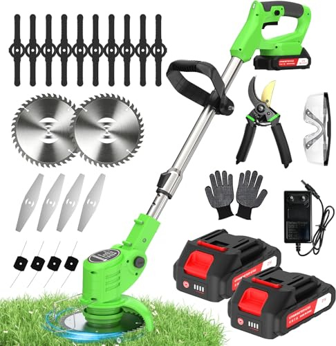 Desbrozadora Bateria, Disco Desbrozadora con 2 Baterías y 4 Tipos de Cuchillas,Desbrozadora Electrica con 800 W con 1 Podadora,Cabezal Giratorio, Longitud Regulable,Cortabordes Bateria para Jardín